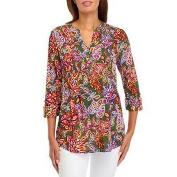 Kim Roger's Green Abstract Floral Henley Blouse - Picture 1 of 5